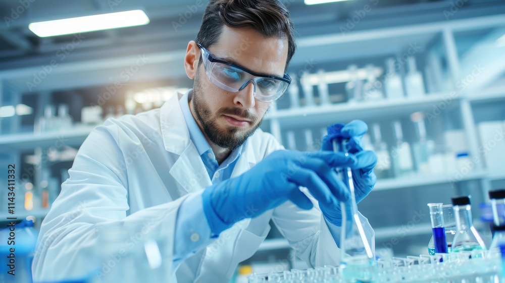 A focused scientist in a lab, wearing gloves and goggles, carefully conducting an experiment with test tubes and lab equipment. A focused scientist in a lab, wearing gloves and goggles, carefully conducting an experiment with test tubes and lab equipment.
