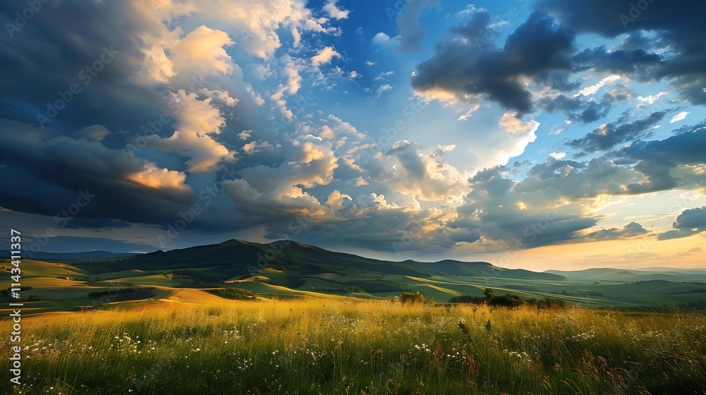 Obraz premium Golden Hour Serenity: Rolling hills bathed in the warm glow of sunset, beneath a dramatic cloudscape.