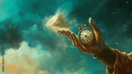 Chronos, the timeless ruler, holds the sands of time in his hand, a symbol of the inevitable passage of life. Chronos. Illustration