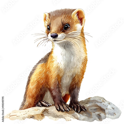 Watercolor painting of an adorable pine marten sitting on a rock, isolated on white background.