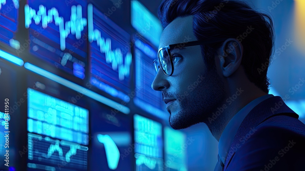 A confident investor studying price fluctuations on multiple screens in a contemporary office, featuring blue hues and a dynamic atmosphere.