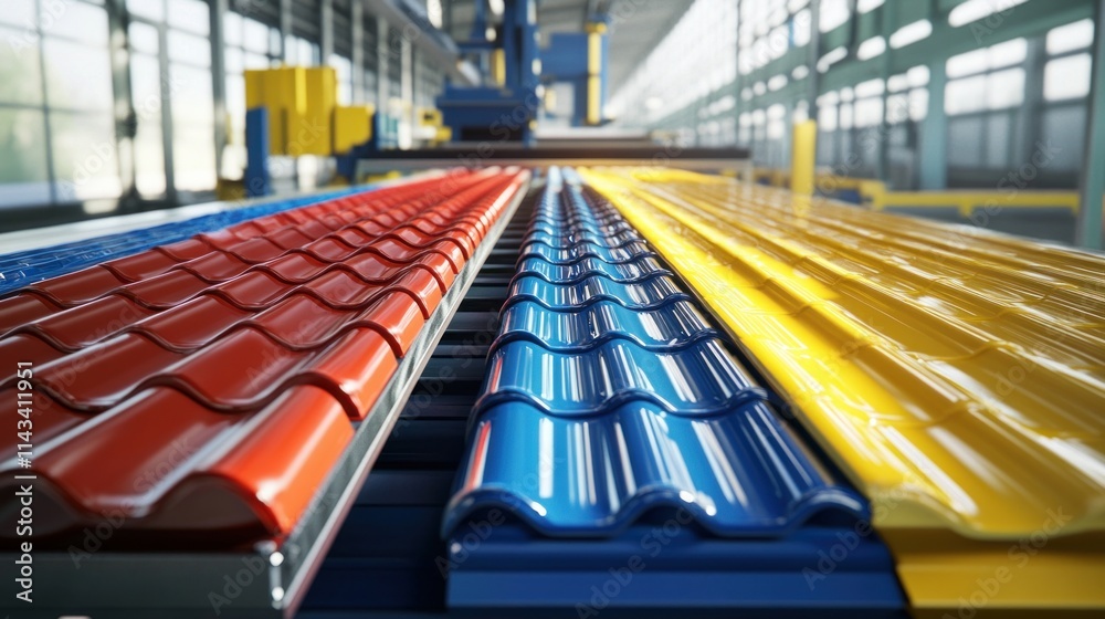 Obraz premium A high-tech roof tile production line featuring an array of colorful tiles, with bright red, blue, and yellow roof tiles being processed by automated equipment in a clean factory environment.