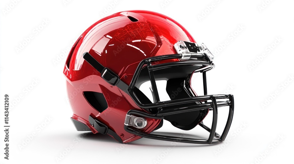 Fototapeta premium A highly realistic football helmet with a modern design, shown on a white background with precise detailing, including the faceguard and custom logo.