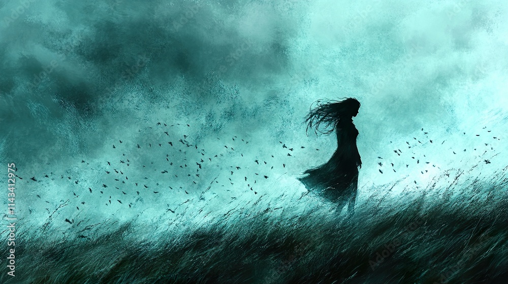 Fototapeta premium Solitude in Teal: A Woman and the Wind
