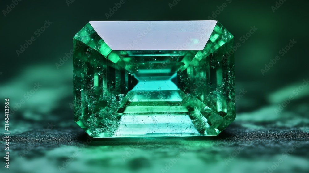 A stunning emerald gemstone with a rectangular cut, showcasing vivid green hues and intricate internal clarity against a soft green background. A stunning emerald gemstone with a rectangular cut, showcasing vivid green hues and intricate internal clarity against a soft green background.