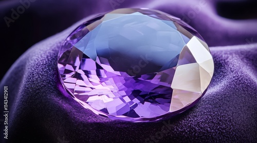 A stunning purple gemstone rests elegantly on soft fabric, showcasing its brilliant facets and rich color. photo