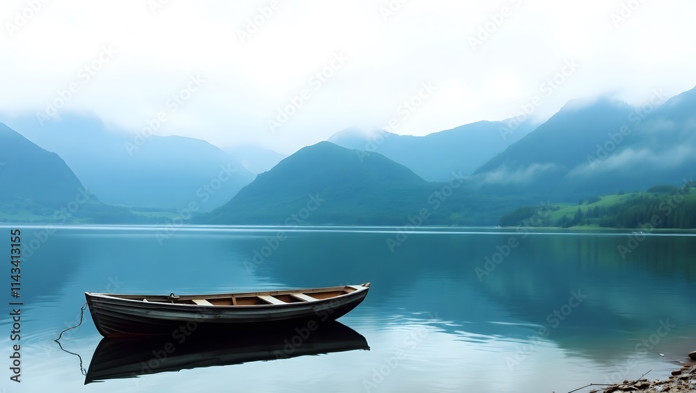 Serene Lake Rowboat Misty Mountain Landscape Serene Lake Rowboat Misty Mountain Landscape