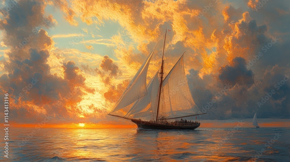 Fototapeta premium Sunset sailship ocean fiery cloudscape.