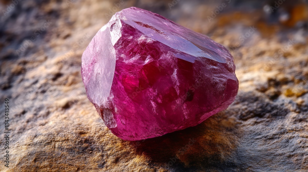 Obraz premium A vibrant ruby crystal rests on a textured surface, showcasing its rich red hue and natural facets, capturing the beauty of this precious gemstone.