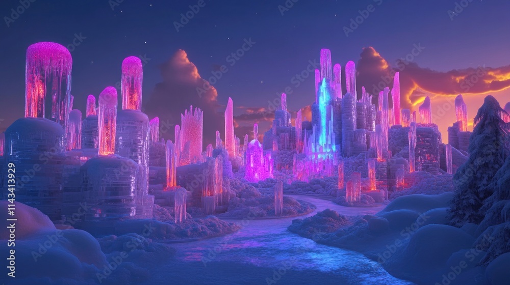 A magical winter scene at an ice and snow sculpture festival, featuring massive snow and ice sculptures lit up by vibrant neon lights, set in a frozen landscape with a clear night sky. A magical winter scene at an ice and snow sculpture festival, featuring massive snow and ice sculptures lit up by vibrant neon lights, set in a frozen landscape with a clear night sky.