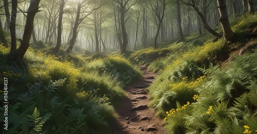 Dense thicket of bracken and gorse in Tarr Steps Woodland, foliage, nature photo