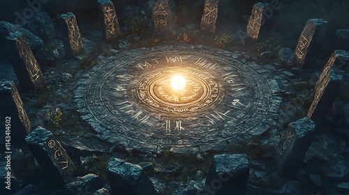 A mystical stone circle with engraved symbols and a central glowing orb, exuding an ancient magical atmosphere. Chronos. Illustration photo