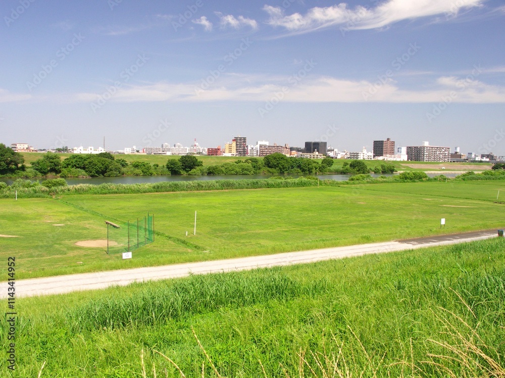 初夏の土手から見る野球場のある江戸川河川敷風景