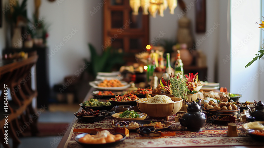 A dining room set for a specific cultural celebration, with traditional dishes, decorations, and attire A dining room set for a specific cultural celebration, with traditional dishes, decorations, and attire