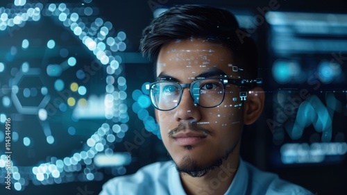 A focused young man with glasses gazes at digital data on screens, surrounded by futuristic graphics and technology.