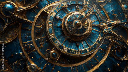 An intricate, abstract depiction of a zodiac clock, adorned with gold and blue details, symbolizing time, celestial movements, and artistic craftsmanship in a modern style. Chronos. Illustration