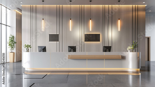 Contemporary hotel reception desk with minimalist design, digital screens, stylish furniture, and modern light fixtures