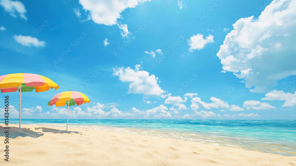 A whimsical beach scene featuring colorful umbrellas, soft golden sand, and a crystal-clear ocean, all under a bright blue sky adorned with fluffy white clouds, evoking a cheerful summer vibe. A whimsical beach scene featuring colorful umbrellas, soft golden sand, and a crystal-clear ocean, all under a bright blue sky adorned with fluffy white clouds, evoking a cheerful summer vibe.