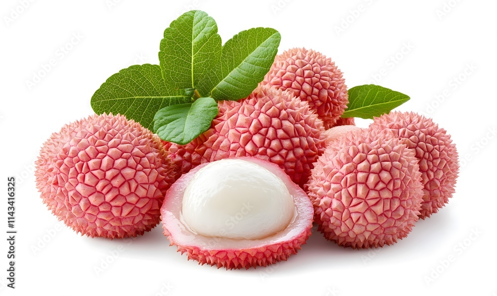 Pile of fresh lychees with leaves, one cut open. Pile of fresh lychees with leaves, one cut open.