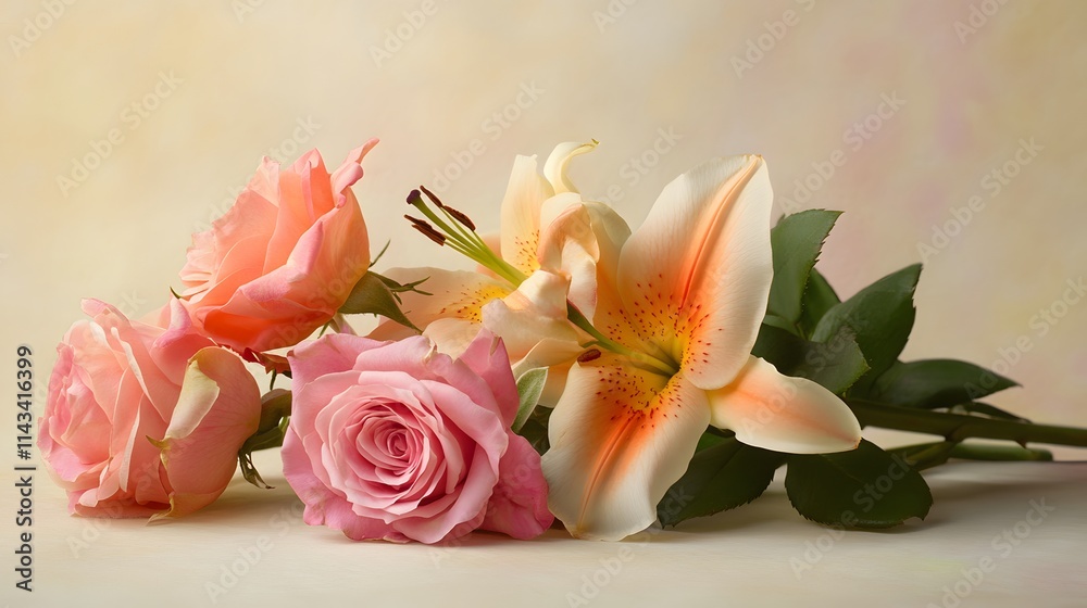 Delicate Pink Roses and Peach Lily Flowers Arrangement Delicate Pink Roses and Peach Lily Flowers Arrangement