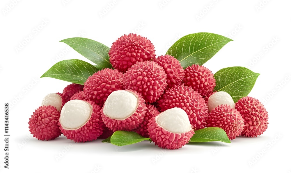 Pile of ripe, red lychees with bright green leaves.