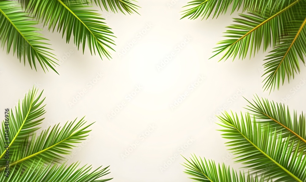 Palm fronds frame blank off-white space.