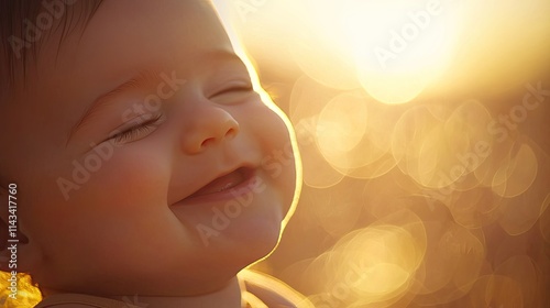 A close-up of a baby s laughing face in soft, warm light, radiating pure joy and love in a serene environment. photo