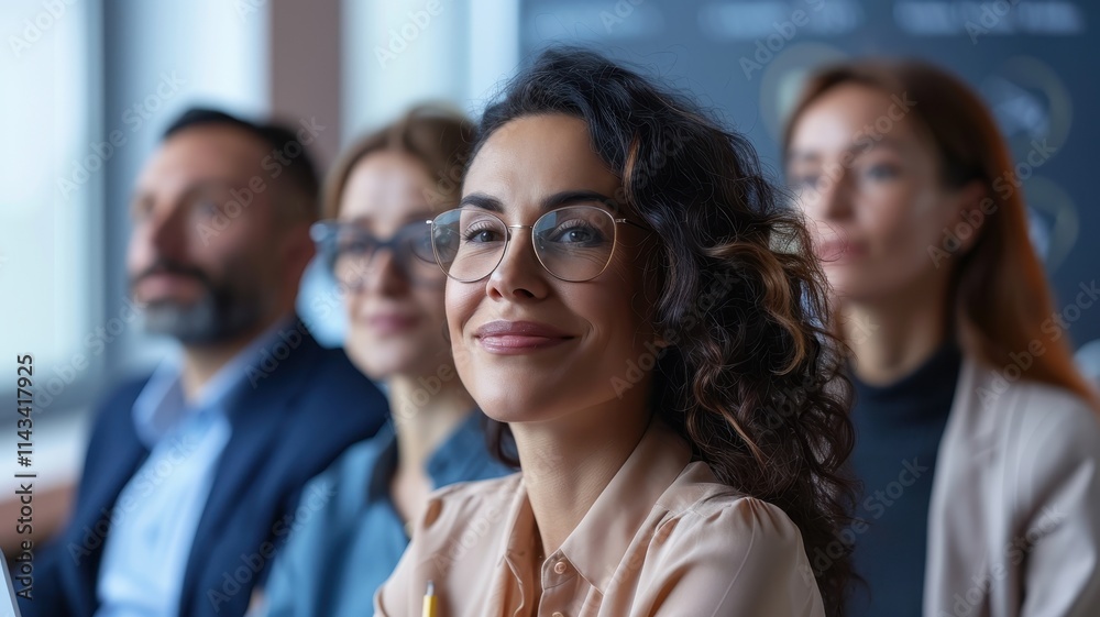 A diverse group of professionals engaging in a meeting, with a focus on a smiling woman in the foreground, exuding confidence and positivity. A diverse group of professionals engaging in a meeting, with a focus on a smiling woman in the foreground, exuding confidence and positivity.