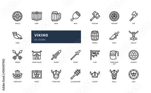 viking nordic warrior battle ancient medieval detailed outline line icon set