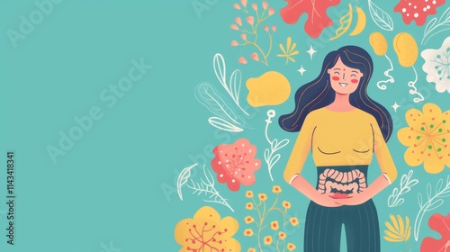 Happy Gut Health Illustration Woman Holding Intestines Surrounded by Vibrant Floral Design