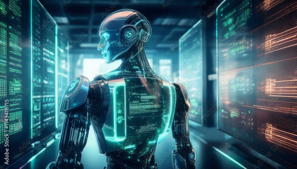 Obraz premium AI in the Server Room: Futuristic android stands amidst glowing digital displays in a cutting-edge server room, symbolizing technological advancement and artificial intelligence. 