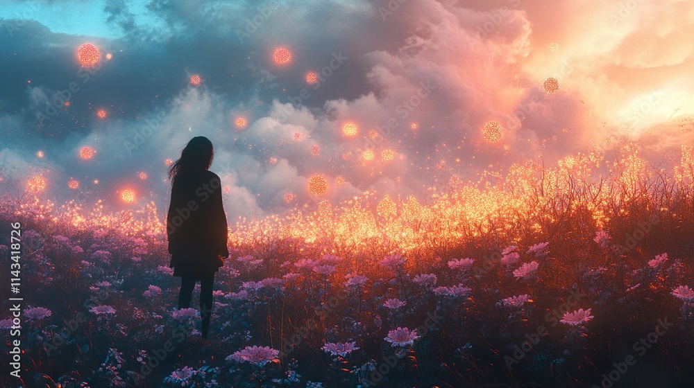 Woman in a surreal sunset field with glowing particles