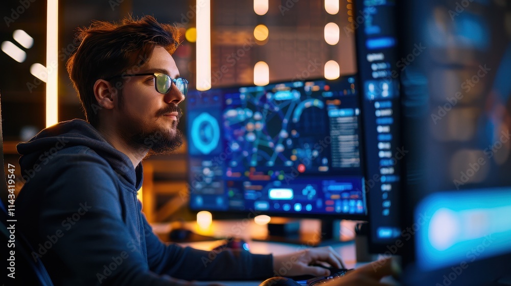 A focused individual works on a computer, surrounded by high-tech screens displaying data and graphics in a dimly lit environment. A focused individual works on a computer, surrounded by high-tech screens displaying data and graphics in a dimly lit environment.