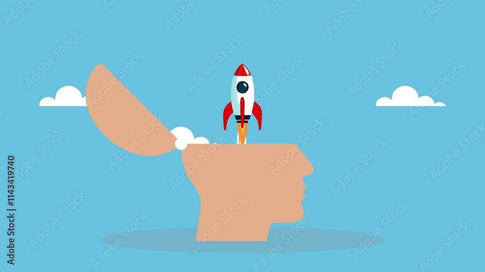 Launching Ambitions, Unlocking the Power of the Mind, an animation of a rocket launching from an open human head