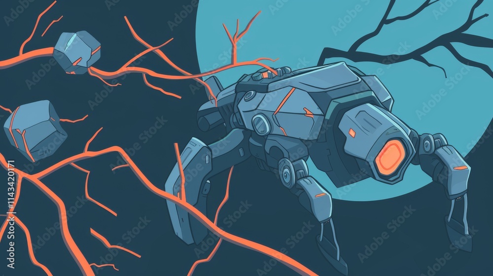 Fototapeta premium A futuristic robotic spider-like machine moving among glowing red branches under a large moon, combining sci-fi and mechanical aesthetics. AI generated.