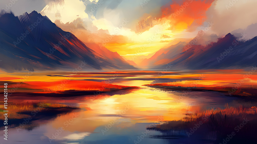 Serene Sunset Landscape With Majestic Mountains And River Serene Sunset Landscape With Majestic Mountains And River