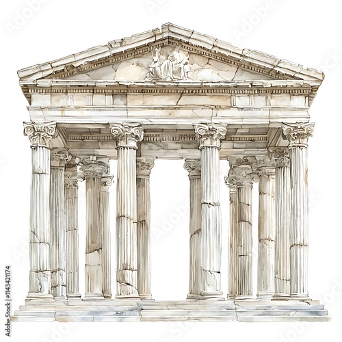 Watercolor illustration of an ancient Greek temple facade with ionic columns and weathered stonework  isolated on white.