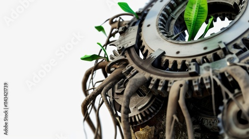 A captivating illustration showing mechanical gears entwined with lush green plants, symbolizing coexistence and regeneration. The image evokes themes of renewal. AI generated. photo