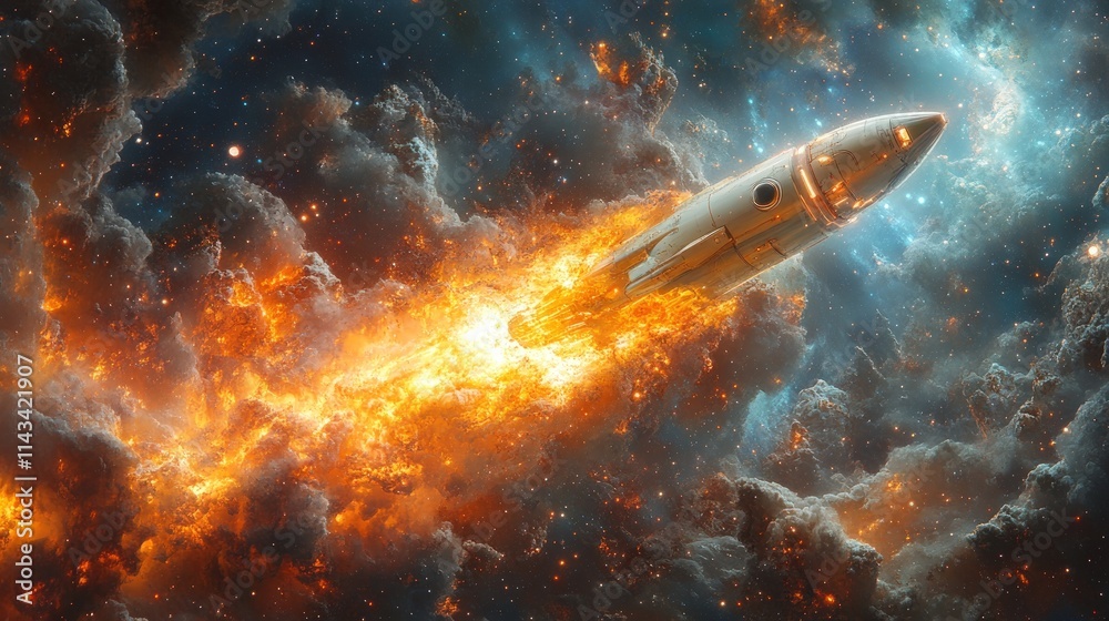 Fiery spaceship explodes in nebula; cosmic fire. Fiery spaceship explodes in nebula; cosmic fire.