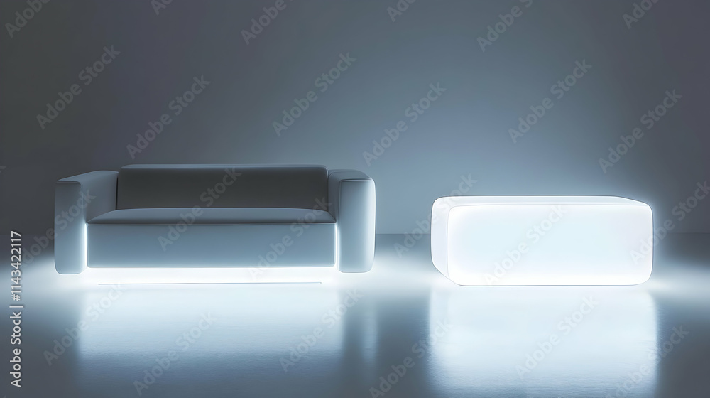 Modern illuminated lounge furniture set with a sofa and a cube Modern illuminated lounge furniture set with a sofa and a cube