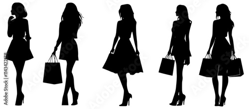 Silhouettes of Elegant Women Shopping with Bags in Stylish Poses