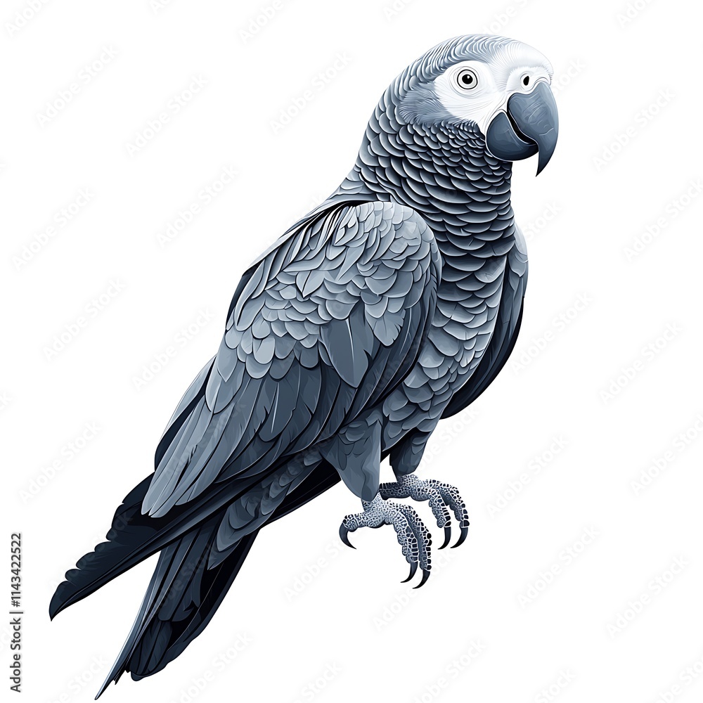 Fototapeta premium A Detailed Illustration of an African Grey Parrot on a White Background.