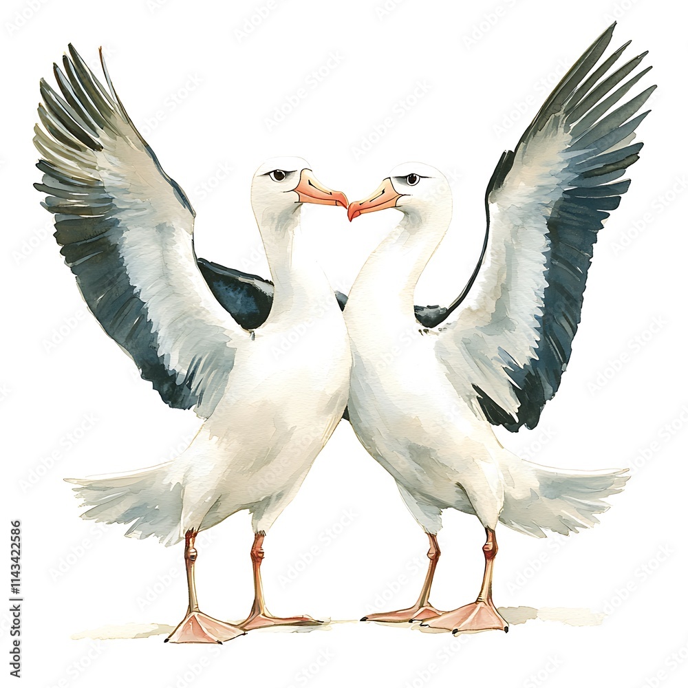 Fototapeta premium Watercolor Painting of Two Albatrosses Facing Each Other with Wings Spread.