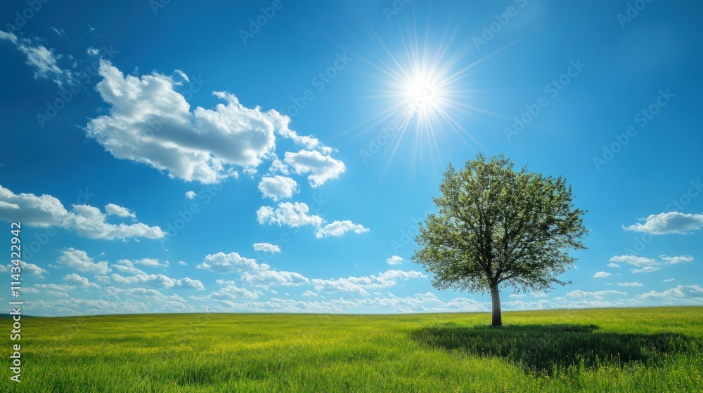 Obraz premium Under a cloudless sky, the world is calm and quiet. The sun shines brightly on a peaceful natural landscape, and everything feels in perfect harmony.