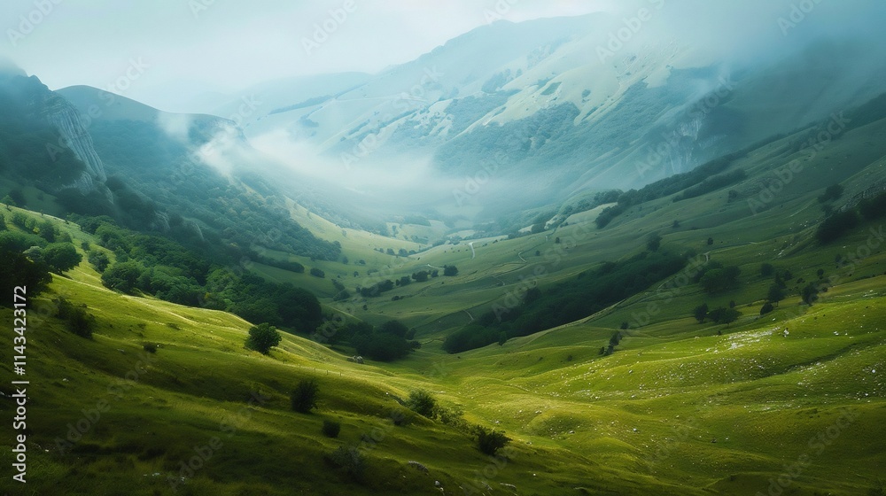 Misty Mountain Valley: A Breathtaking Vista of Verdant Slopes and Rolling Clouds Misty Mountain Valley: A Breathtaking Vista of Verdant Slopes and Rolling Clouds