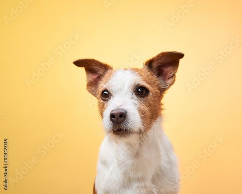 A Jack Russell Terrier stands against a yellow background with a curious expression. The minimalist portrait captures the dog's focused and adorable demeanor.