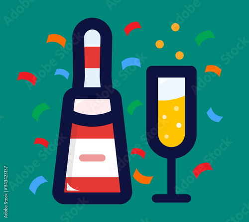 Glass and bottle champagne icon. Lineal color style. Celebration symbol, sign, element or decoration. 