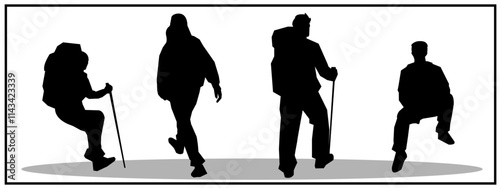 Silhouettes of various poses of mountain climbers, vector illustration.