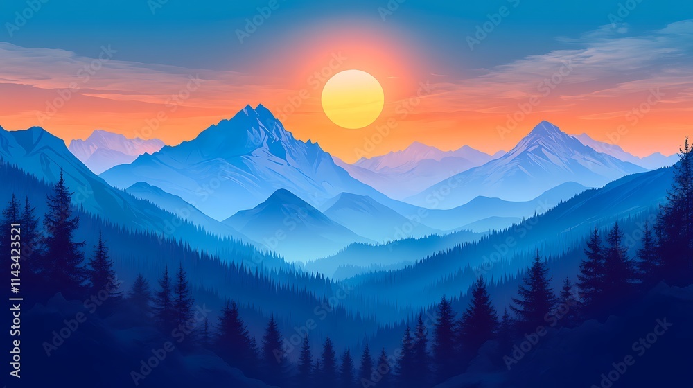 A peaceful mountain vista at golden hour, with the setting sun creating a glowing halo around the peaks and lighting up the surrounding valley 
