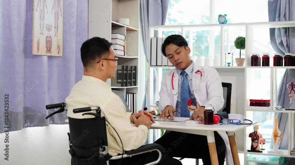 An old Asian man consults a doctor about heart disease and the details and risks of surgery. Health and medical concept An old Asian man consults a doctor about heart disease and the details and risks of surgery. Health and medical concept